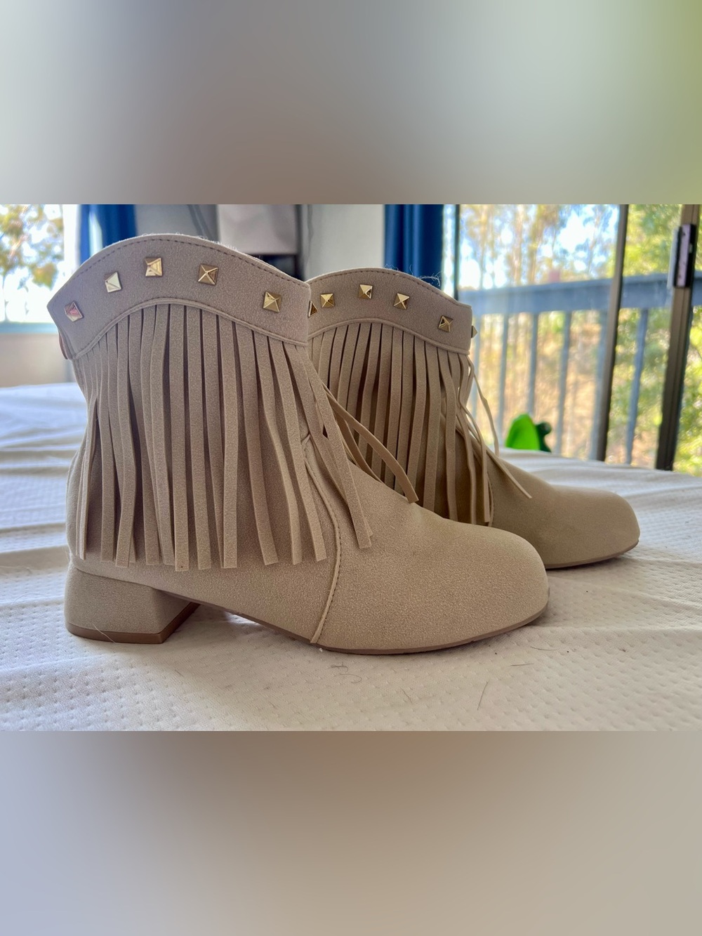 Fringe Ankle Boots in Beige with Stud Detail